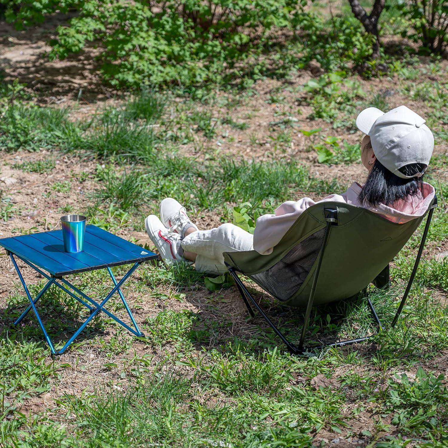 image:imageiClimb Low Ultralight Compact Camping Folding Chair with Side Pocket and Carry Bag Black GridBlue