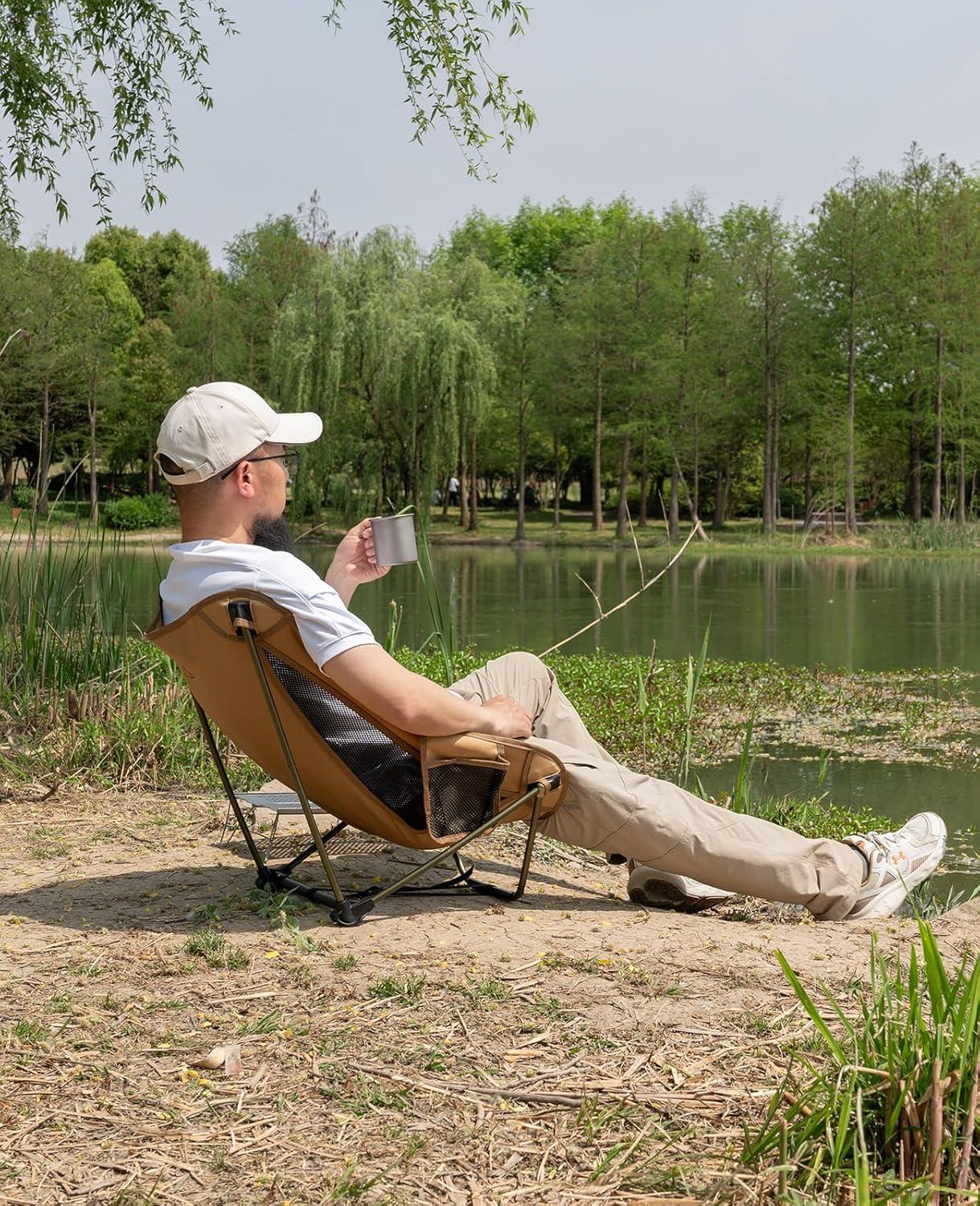 image:imageiClimb Low Ultralight Compact Camping Folding Chair with Side Pocket and Carry Bag Black GridKhaki