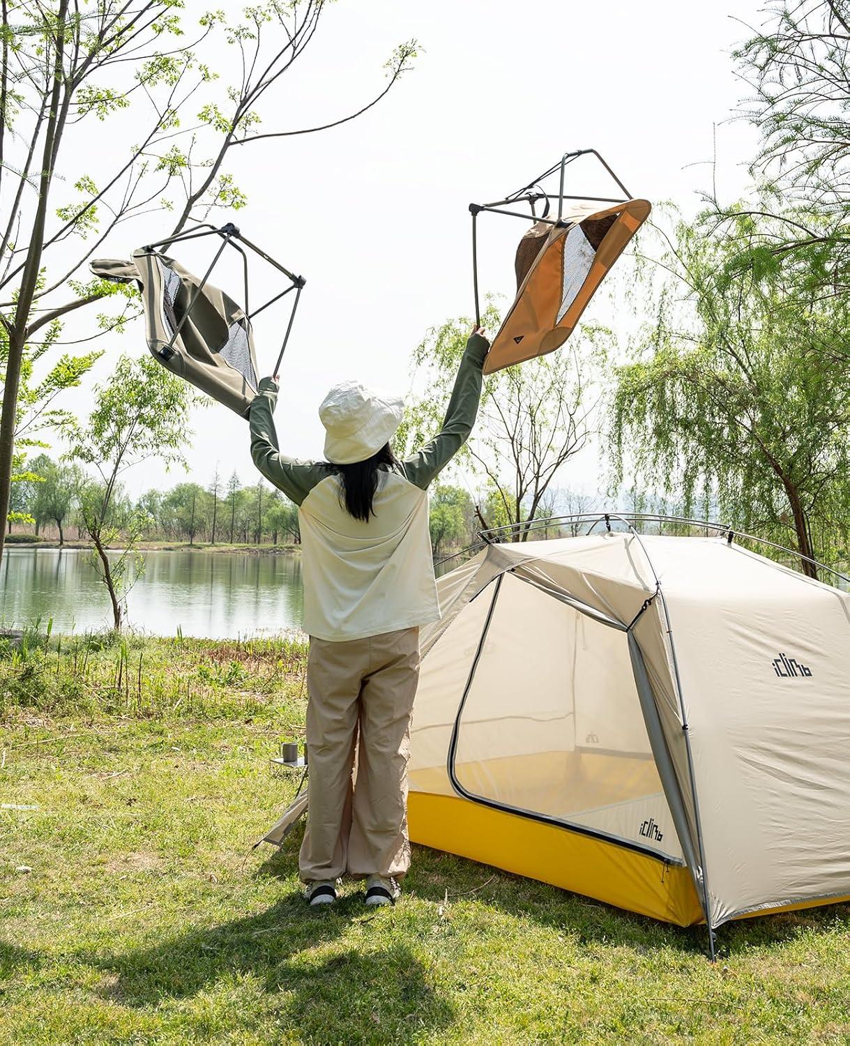 image:imageiClimb Low Ultralight Compact Camping Folding Chair with Side Pocket and Carry Bag Black GridKhaki