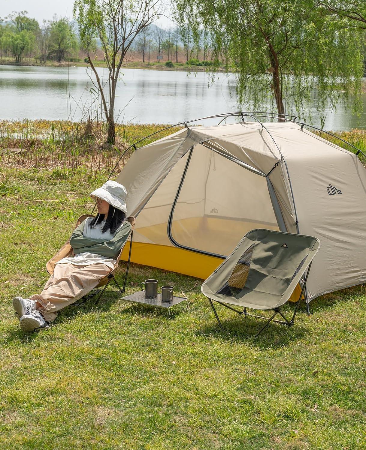 image:imageiClimb Low Ultralight Compact Camping Folding Chair with Side Pocket and Carry Bag Black GridKhaki