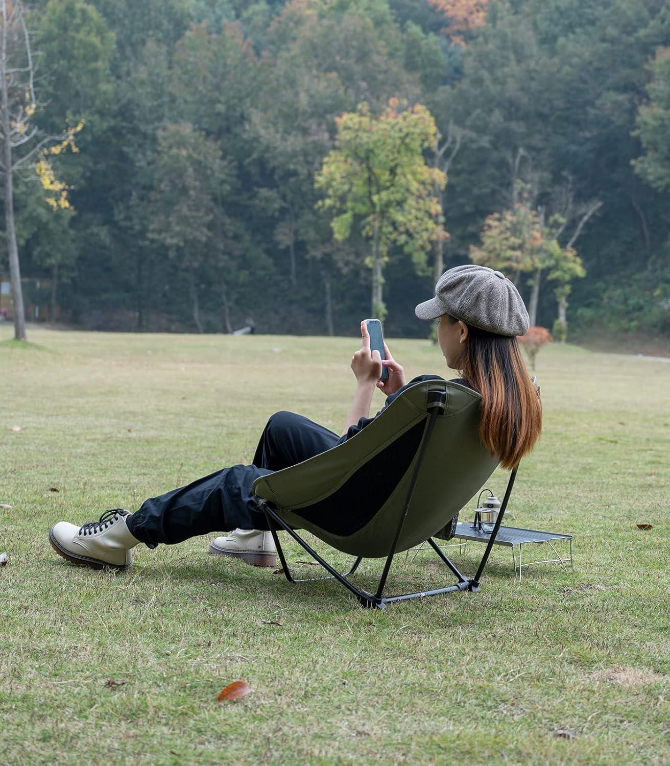 image:imageiClimb Low Ultralight Compact Camping Folding Chair with Side Pocket and Carry Bag Black GridKhaki