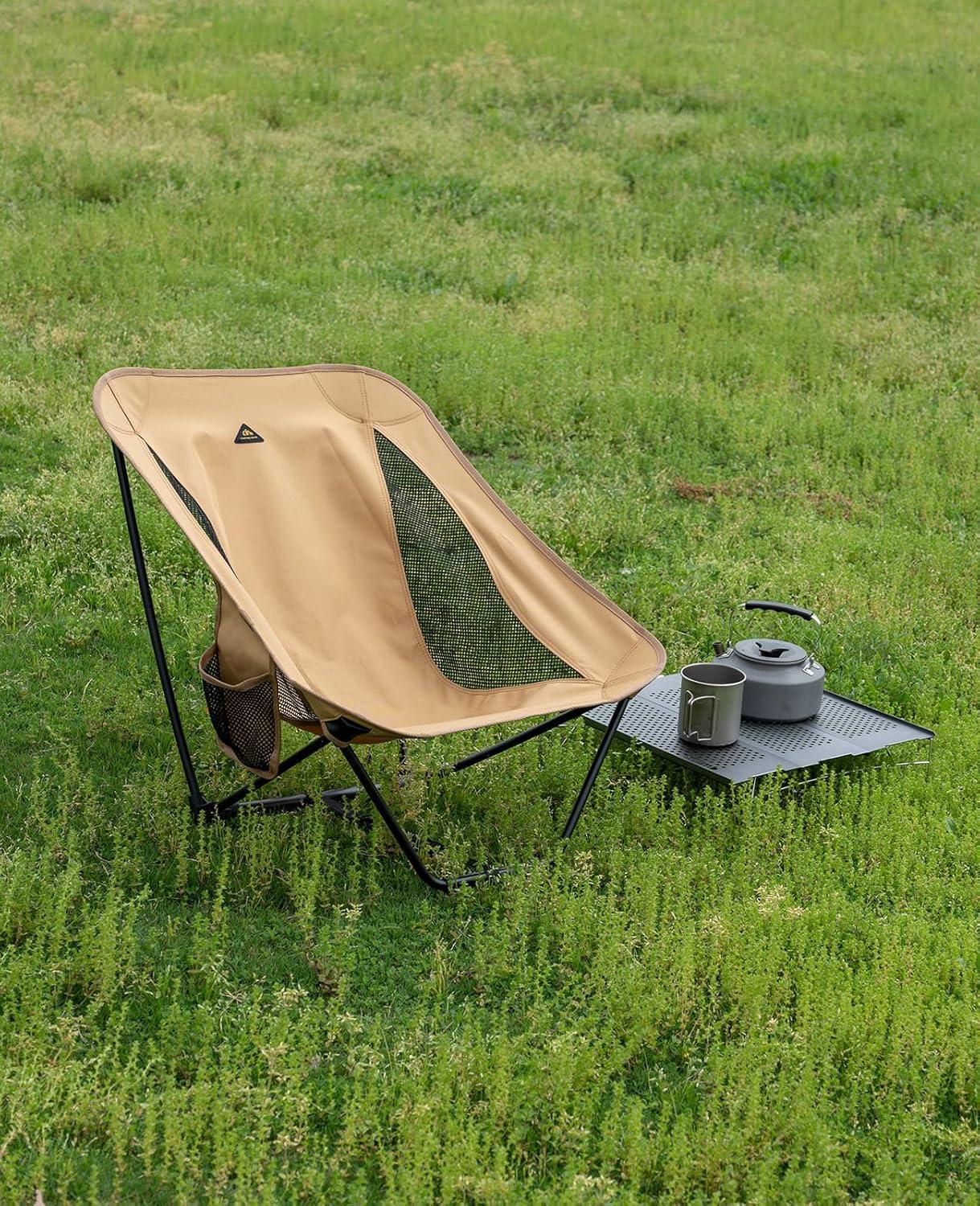image:imageiClimb Low Ultralight Compact Camping Folding Chair with Side Pocket and Carry Bag Black GridKhaki