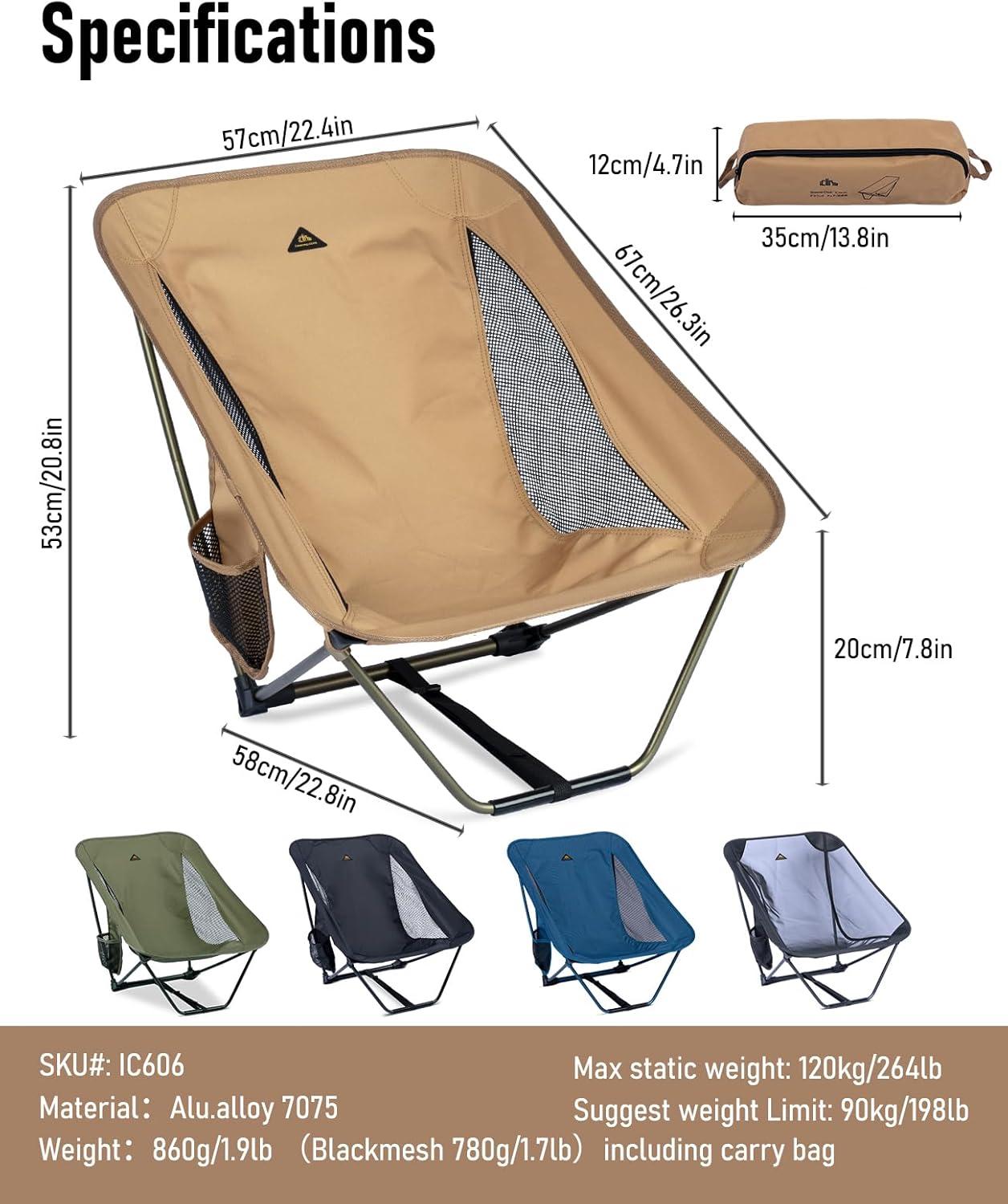 image:imageiClimb Low Ultralight Compact Camping Folding Chair with Side Pocket and Carry Bag Black GridKhaki