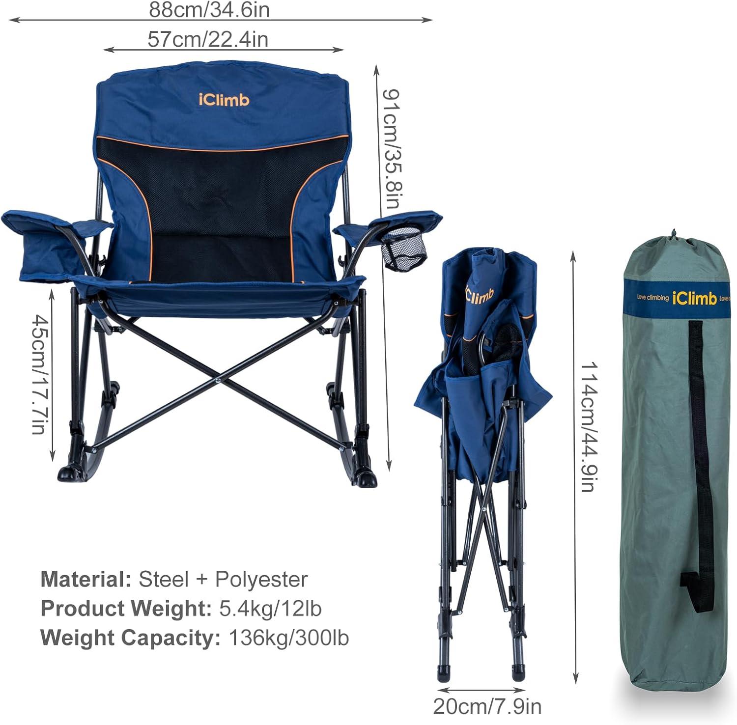 image:imageiClimb Padded Folding Rocking Chair Heavy Duty Camping Patio Porch Backyard Lawn Garden Balcony Rocker Indoor Outdoor with Carry Bag