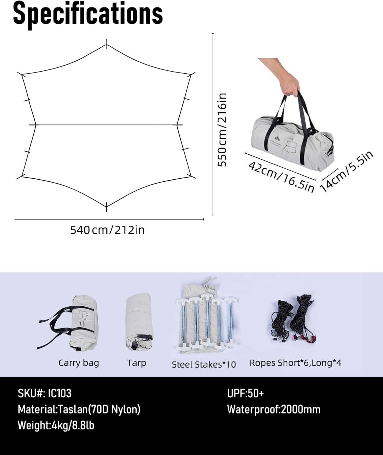 image:imageiClimb Strong Elegant Alu Tarp Poles Set of 2 Height Adjustable with Lantern Hook and Carry Bag Nature ColorTarp 18 179