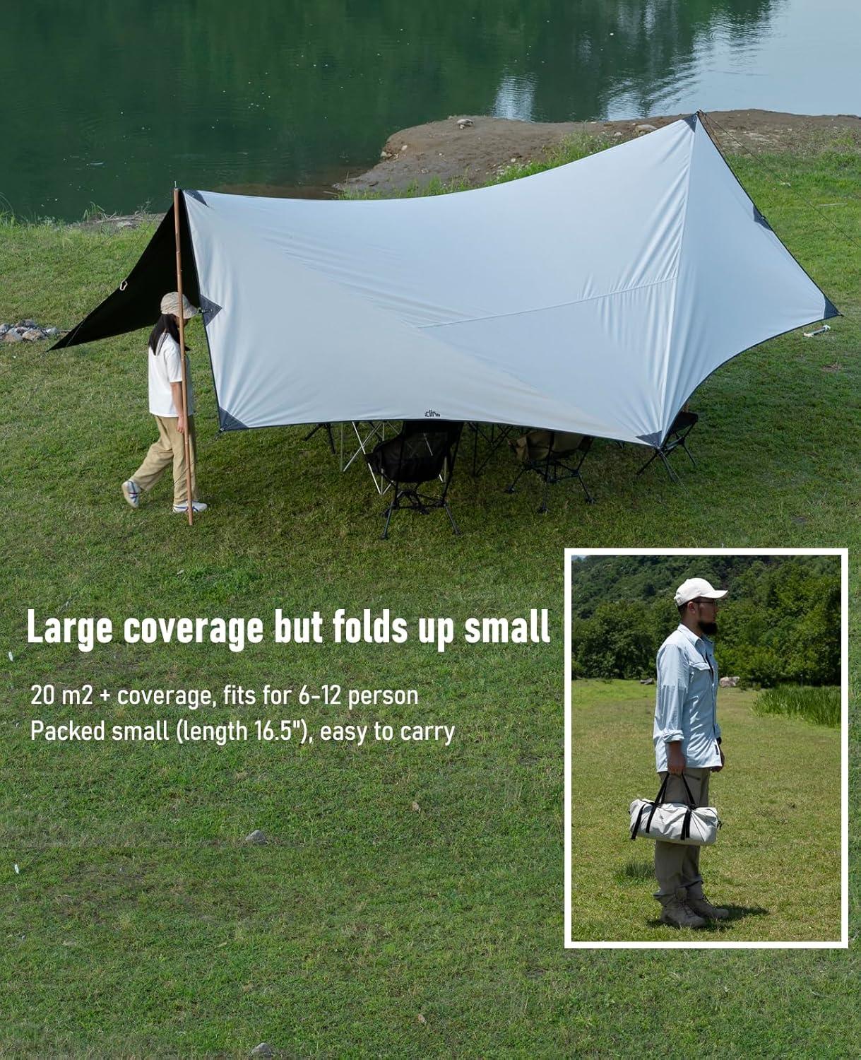 image:imageiClimb Strong Elegant Alu Tarp Poles Set of 2 Height Adjustable with Lantern Hook and Carry Bag Nature ColorTarp 18 179