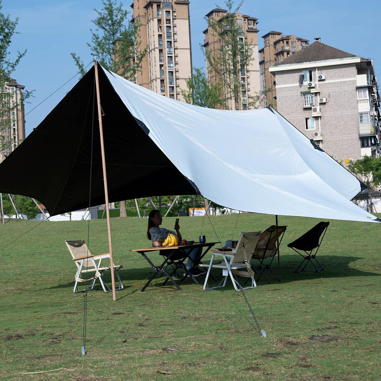 image:imageiClimb Strong Elegant Alu Tarp Poles Set of 2 Height Adjustable with Lantern Hook and Carry Bag Nature ColorTarp Pole