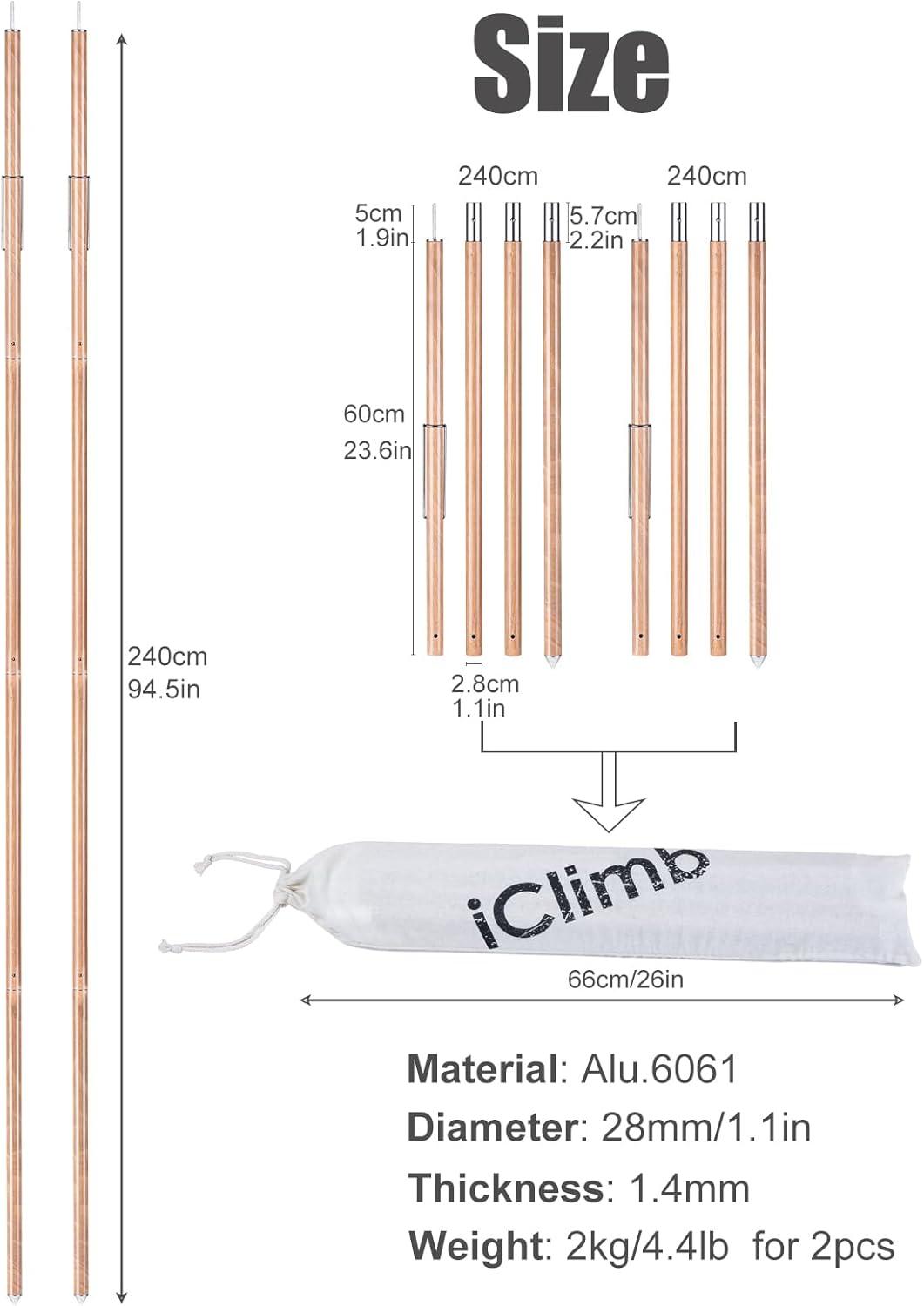 image:imageiClimb Strong Elegant Alu Tarp Poles Set of 2 Height Adjustable with Lantern Hook and Carry Bag Nature ColorTarp Pole