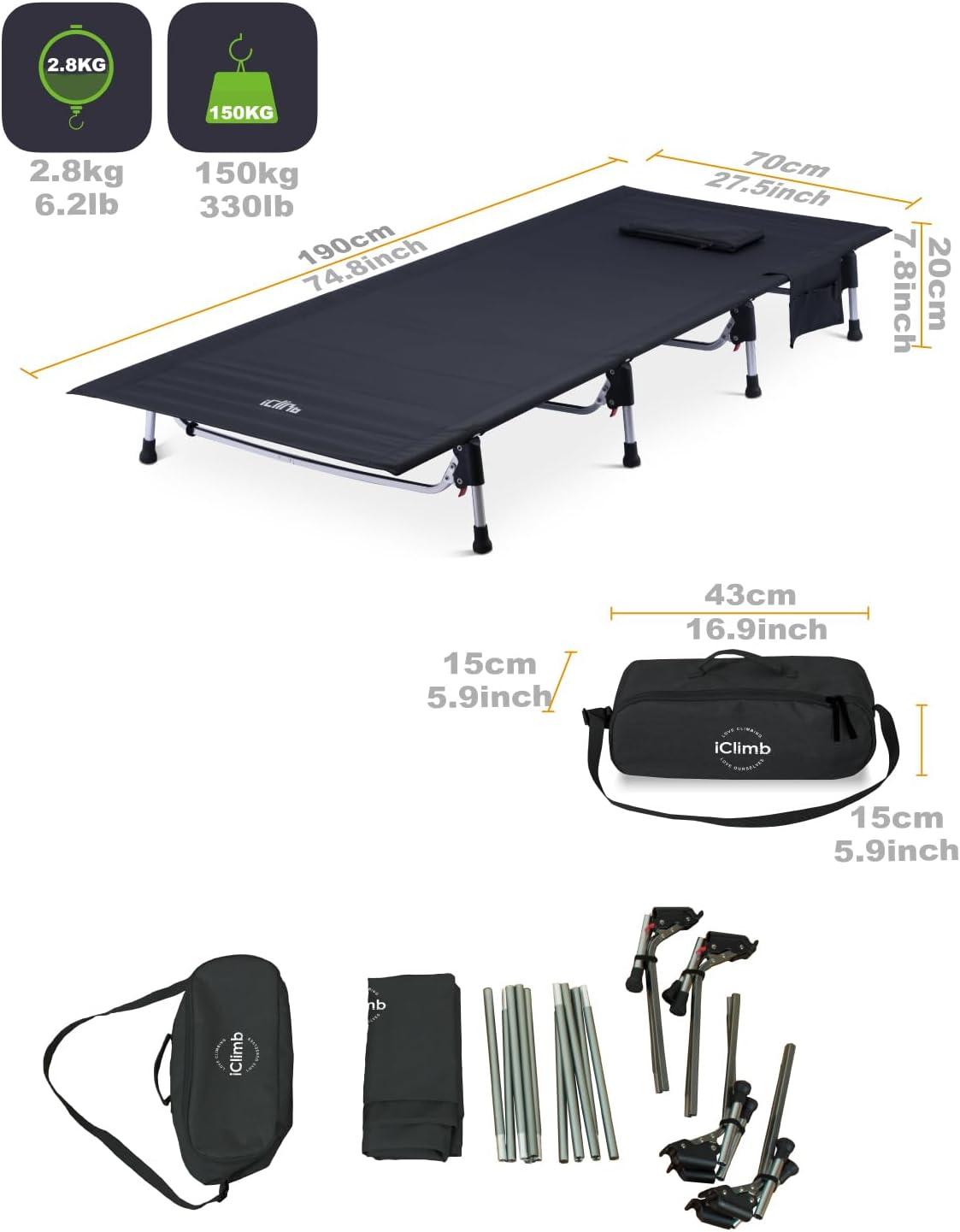 image:imageiClimb Super Easy Assemble Folding Cot Ultralight Compact Heavy Duty with Carry Bag for Adults Camping Backpacking GreyBlack