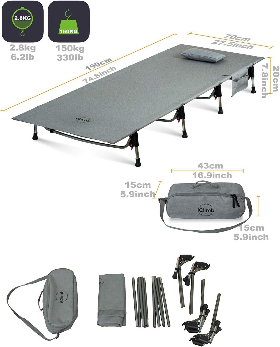 image:imageiClimb Super Easy Assemble Folding Cot Ultralight Compact Heavy Duty with Carry Bag for Adults Camping Backpacking GreyGrey