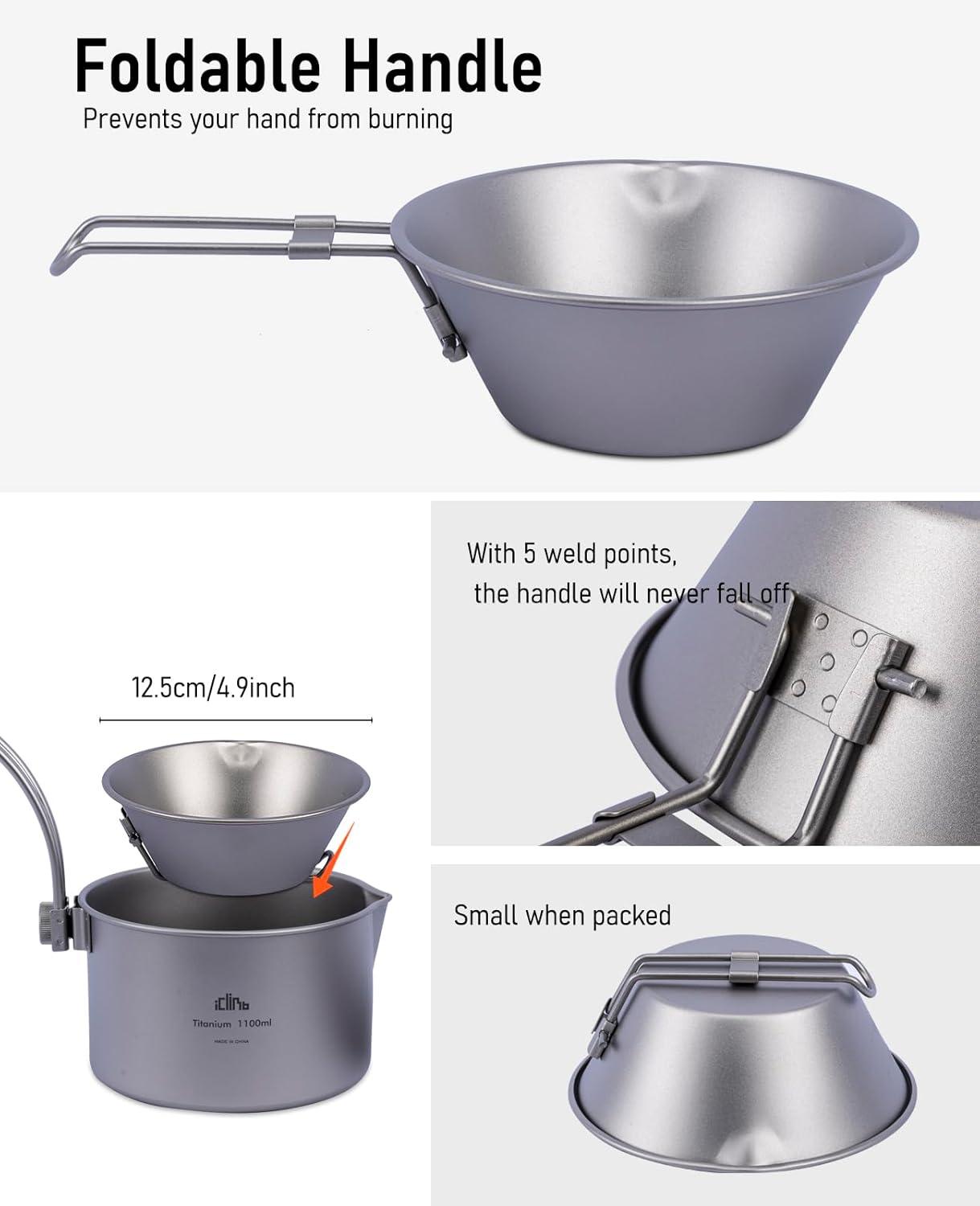 image:imageiClimb Titanium Bowl with Foldable Handle Ultralight Compact Portable Flatware Tableware with Bag for Outdoor Camping Backpacking Hiking Travel Picnic