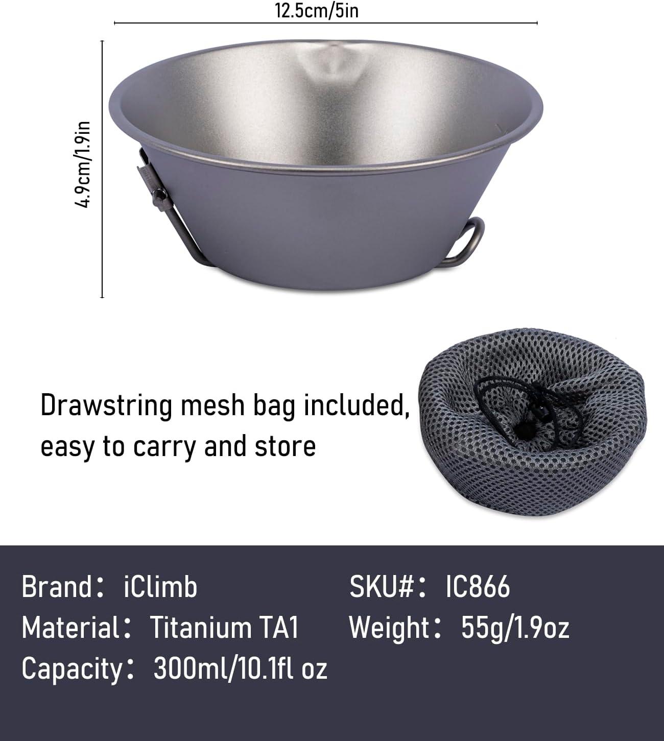 image:imageiClimb Titanium Bowl with Foldable Handle Ultralight Compact Portable Flatware Tableware with Bag for Outdoor Camping Backpacking Hiking Travel Picnic