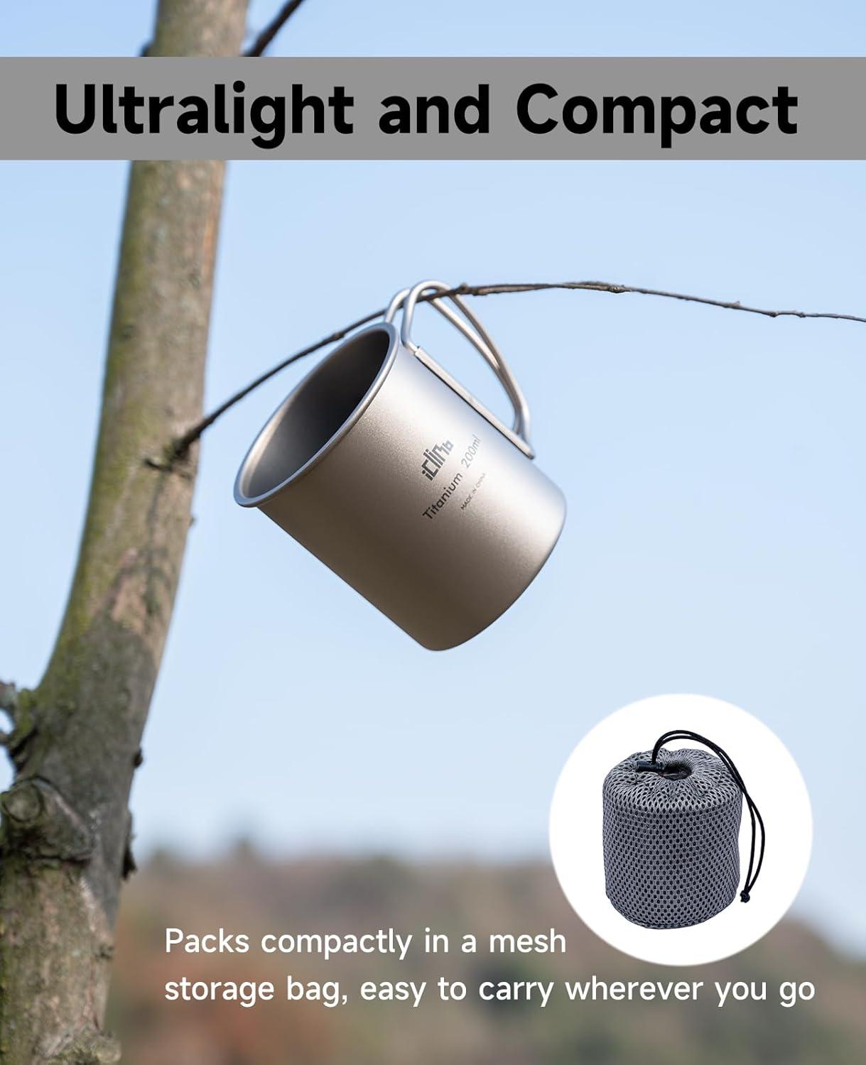 image:imageiClimb Titanium Cup Camping Coffee Mug Ultralight Compact with Foldable Handle 200ml200 ml