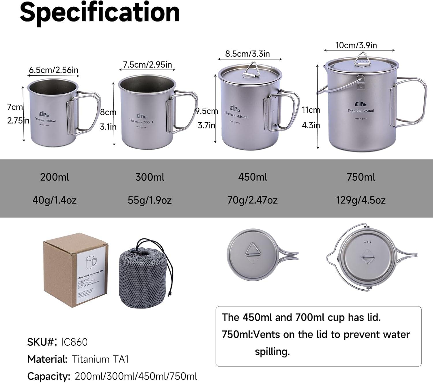 image:imageiClimb Titanium Cup Camping Coffee Mug Ultralight Compact with Foldable Handle 200ml450 ml