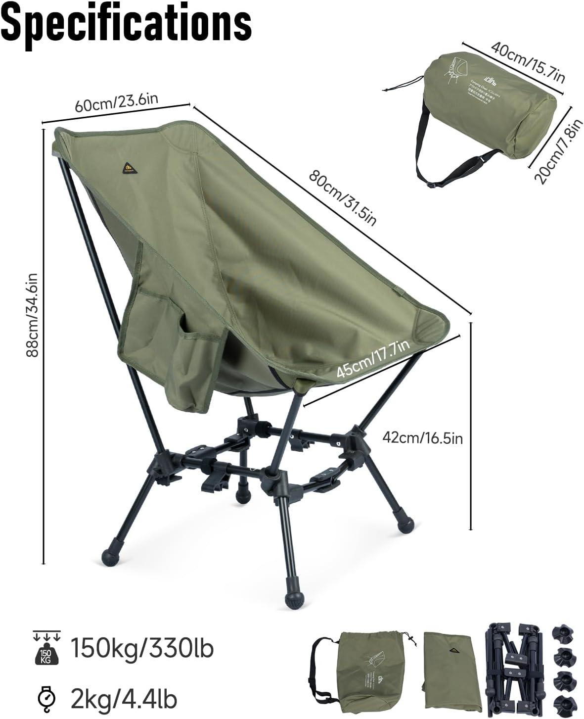 image:imageiClimb TwoHeights Light Compact Comfortable Camping Folding Beach Chair with AntiSinking Large Feet and Carry BagGreen