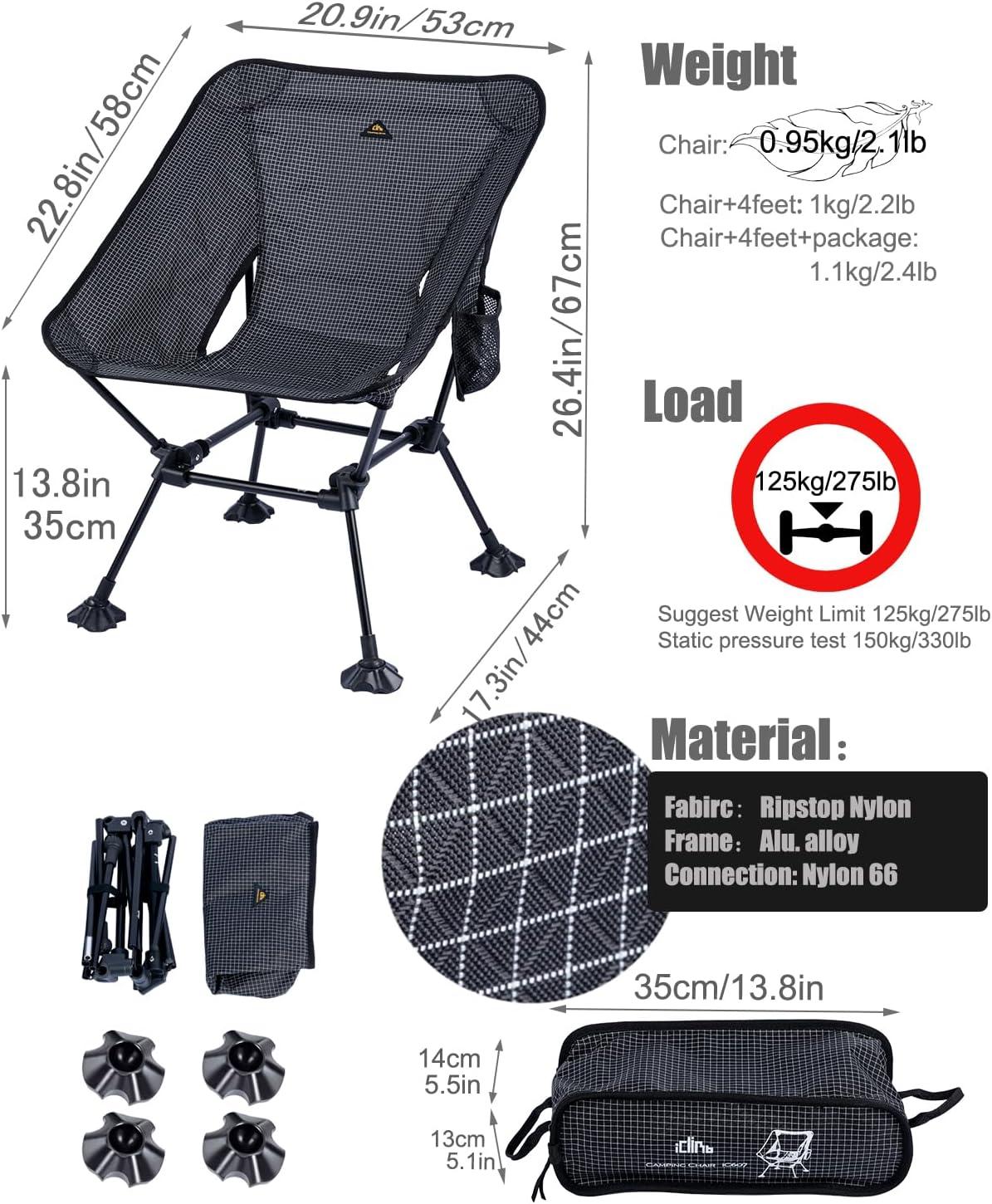 image:imageiClimb Ultralight Compact Camping Folding Beach Chair with AntiSinking Large Feet and Back Support Webbing Yellow Square Frame 2PCBlack Grid Square Frame