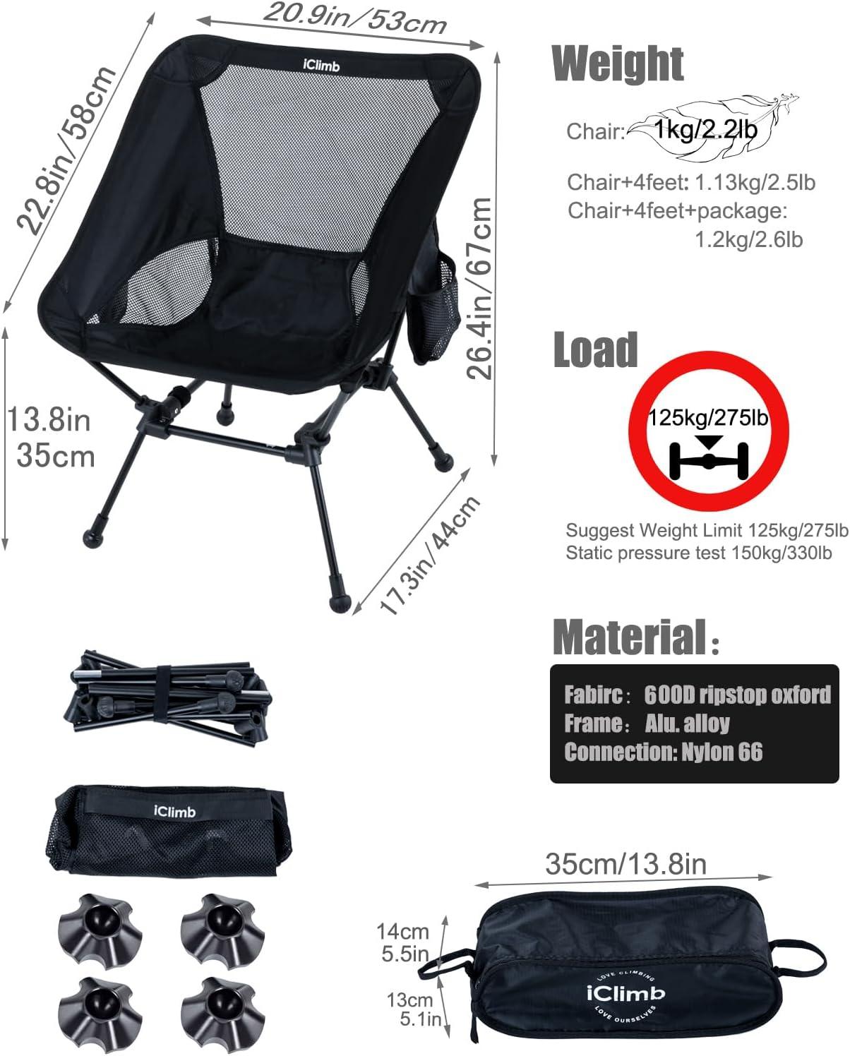 image:imageiClimb Ultralight Compact Camping Folding Beach Chair with AntiSinking Large Feet and Back Support Webbing Yellow Square Frame 2PCBlack Square Frame