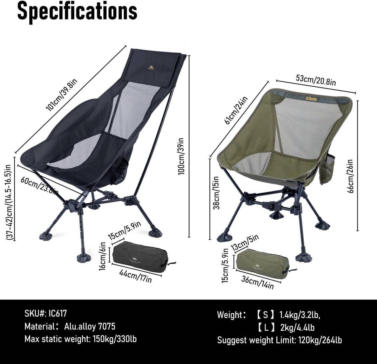 image:imageiClimb Ultralight Compact Camping Folding Beach Chair with AntiSinking Large Feet and Back Support Webbing Yellow Square Frame 2PCBlack Triangular Frame High Back