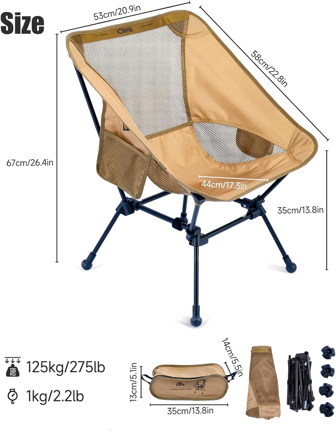 image:imageiClimb Ultralight Compact Camping Folding Beach Chair with AntiSinking Large Feet and Back Support Webbing Yellow Square Frame 2PCBrown Square Frame