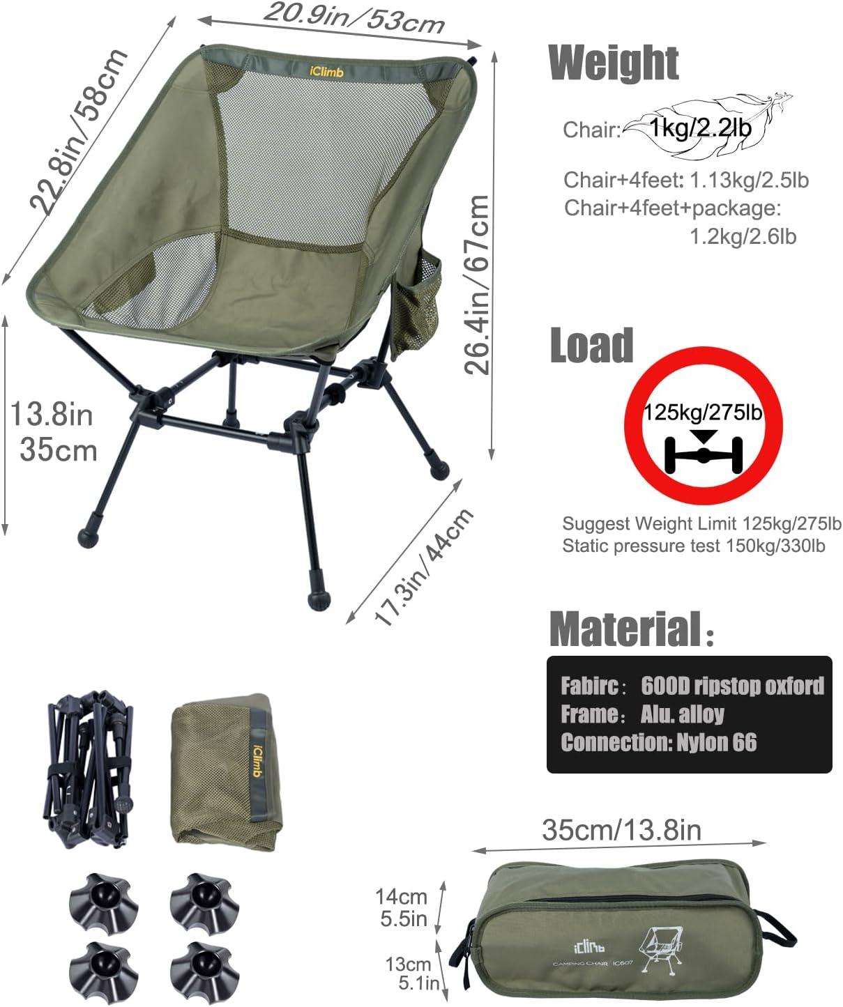 image:imageiClimb Ultralight Compact Camping Folding Beach Chair with AntiSinking Large Feet and Back Support Webbing Yellow Square Frame 2PCGreen Square Frame