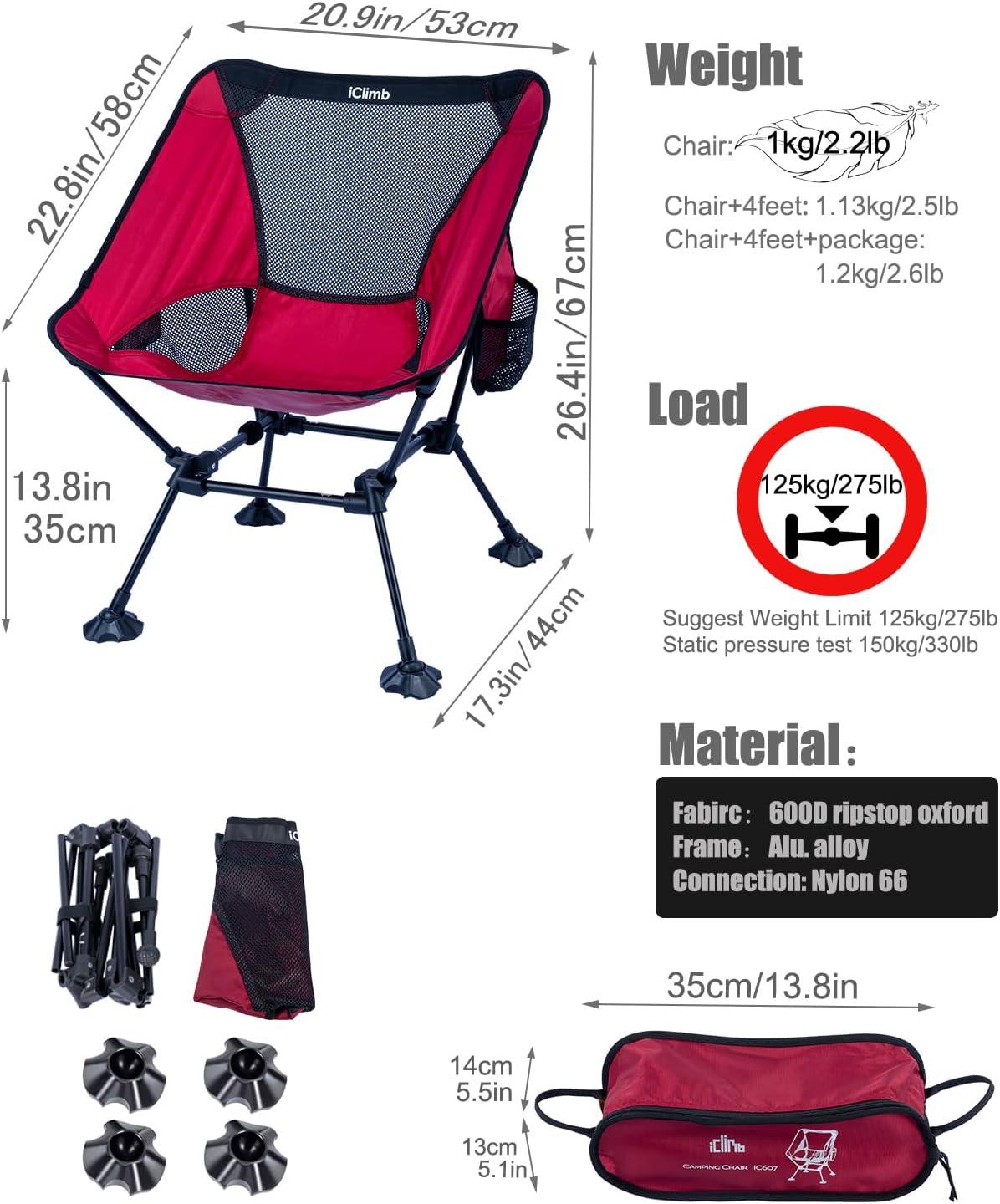image:imageiClimb Ultralight Compact Camping Folding Beach Chair with AntiSinking Large Feet and Back Support Webbing Yellow Square Frame 2PCRed Square Frame