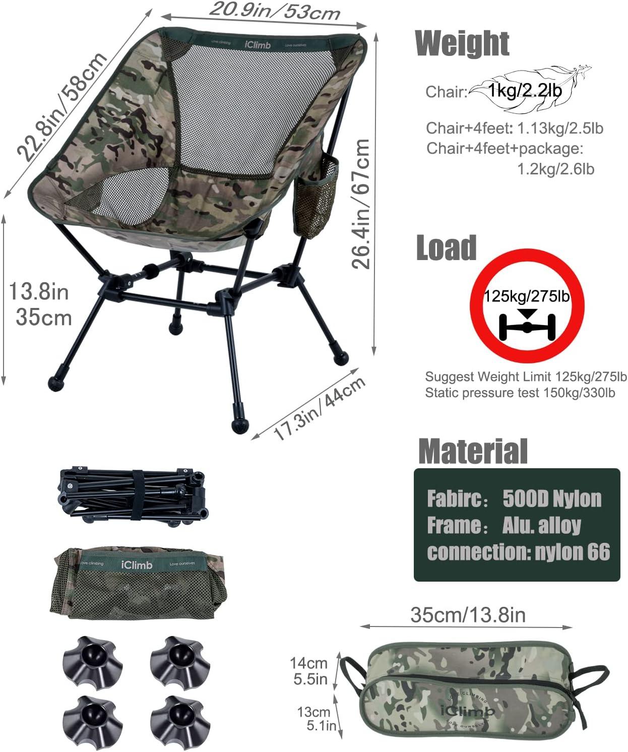 image:imageiClimb Ultralight Compact Camping Folding Beach Chair with AntiSinking Large Feet and Back Support Webbing Yellow Square Frame 2PCWoodland Square Frame