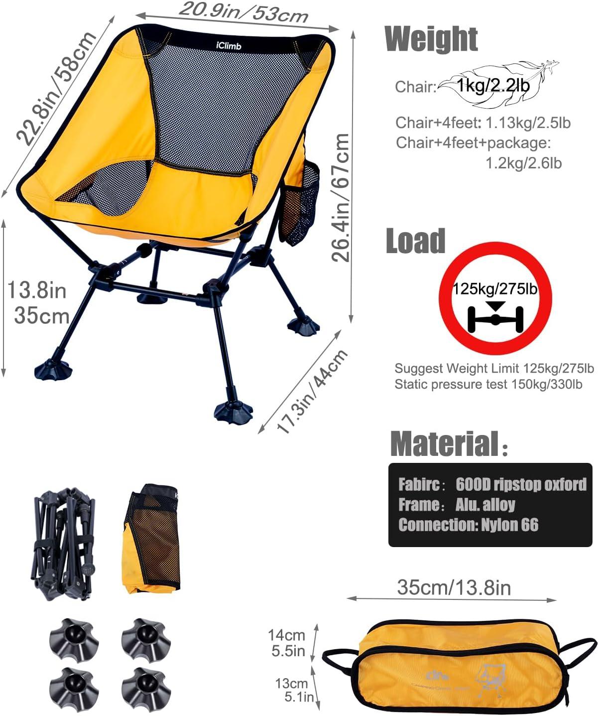 image:imageiClimb Ultralight Compact Camping Folding Beach Chair with AntiSinking Large Feet and Back Support Webbing Yellow Square Frame 2PCYellow Square Frame