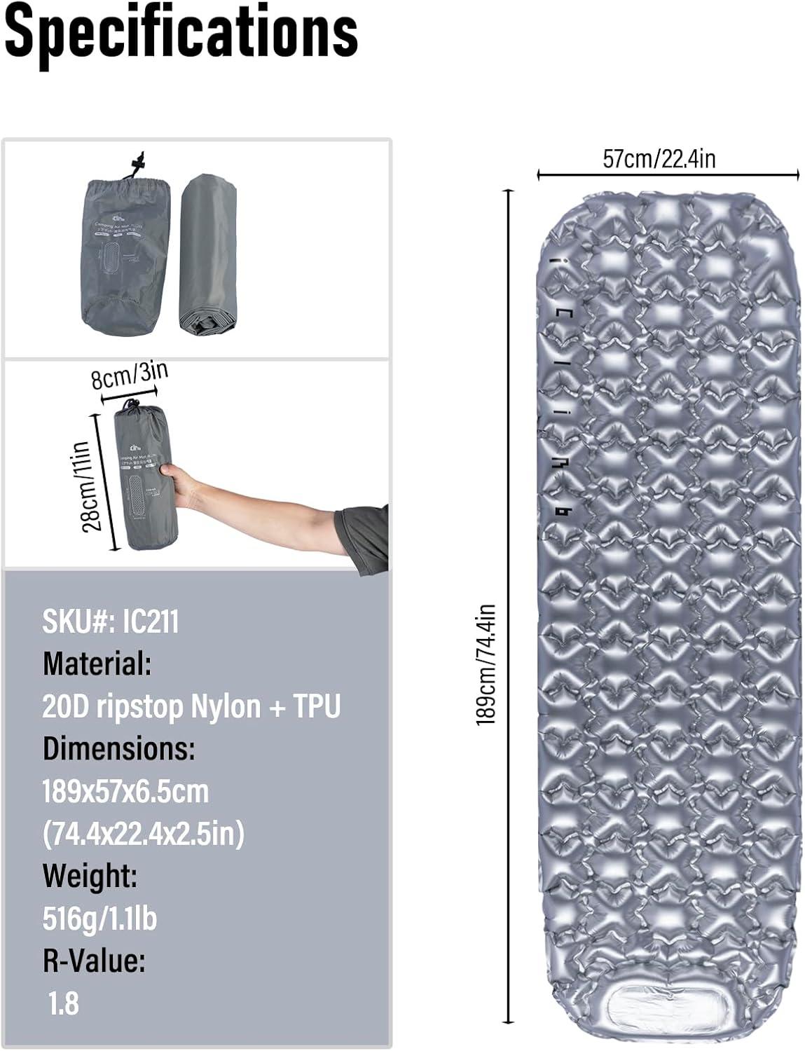image:imageiClimb Ultralight Compact Sleeping Pad with Builtin Pump Inflatable Portable Air Mattress for Camping Backpacking Hiking SilverSilver