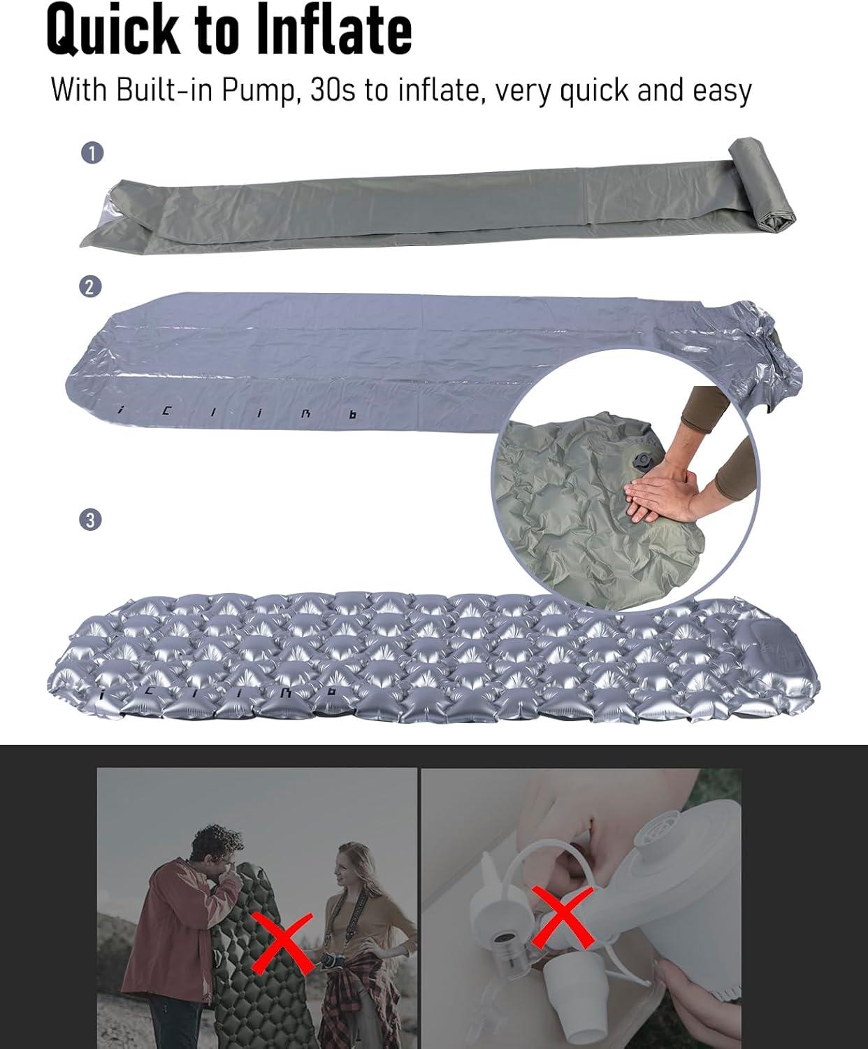 image:imageiClimb Ultralight Compact Sleeping Pad with Builtin Pump Inflatable Portable Air Mattress for Camping Backpacking Hiking SilverSilver