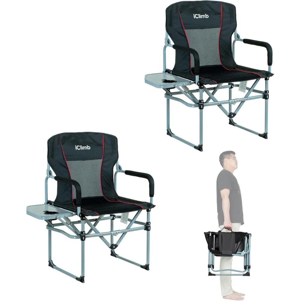 image:imageiClimb Heavy Duty Compact Camping Folding Mesh Chair with Side Table and HandleBlack 2pc