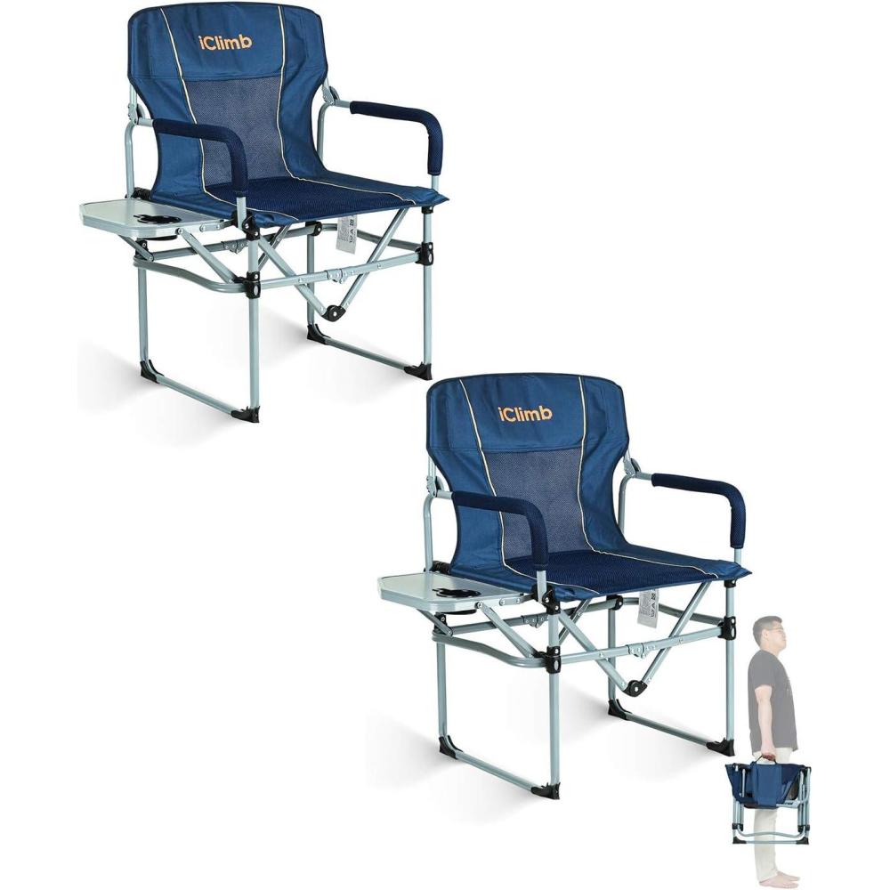 image:imageiClimb Heavy Duty Compact Camping Folding Mesh Chair with Side Table and HandleNavy 2pc