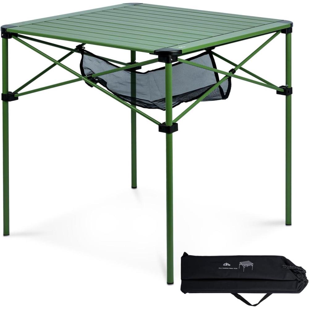 image:imageiClimb Lightweight Stable Alu Folding Square Table Roll Up Top with Carry Bag for Camping Picnic Backyards BBQ Camp Kitchen Silver MGreen