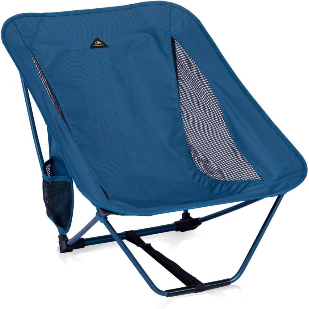 image:imageiClimb Low Ultralight Compact Camping Folding Chair with Side Pocket and Carry Bag Black GridBlue
