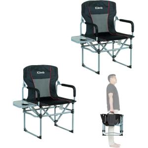 image:imageiClimb Heavy Duty Compact Camping Folding Mesh Chair with Side Table and HandleBlack 2pc