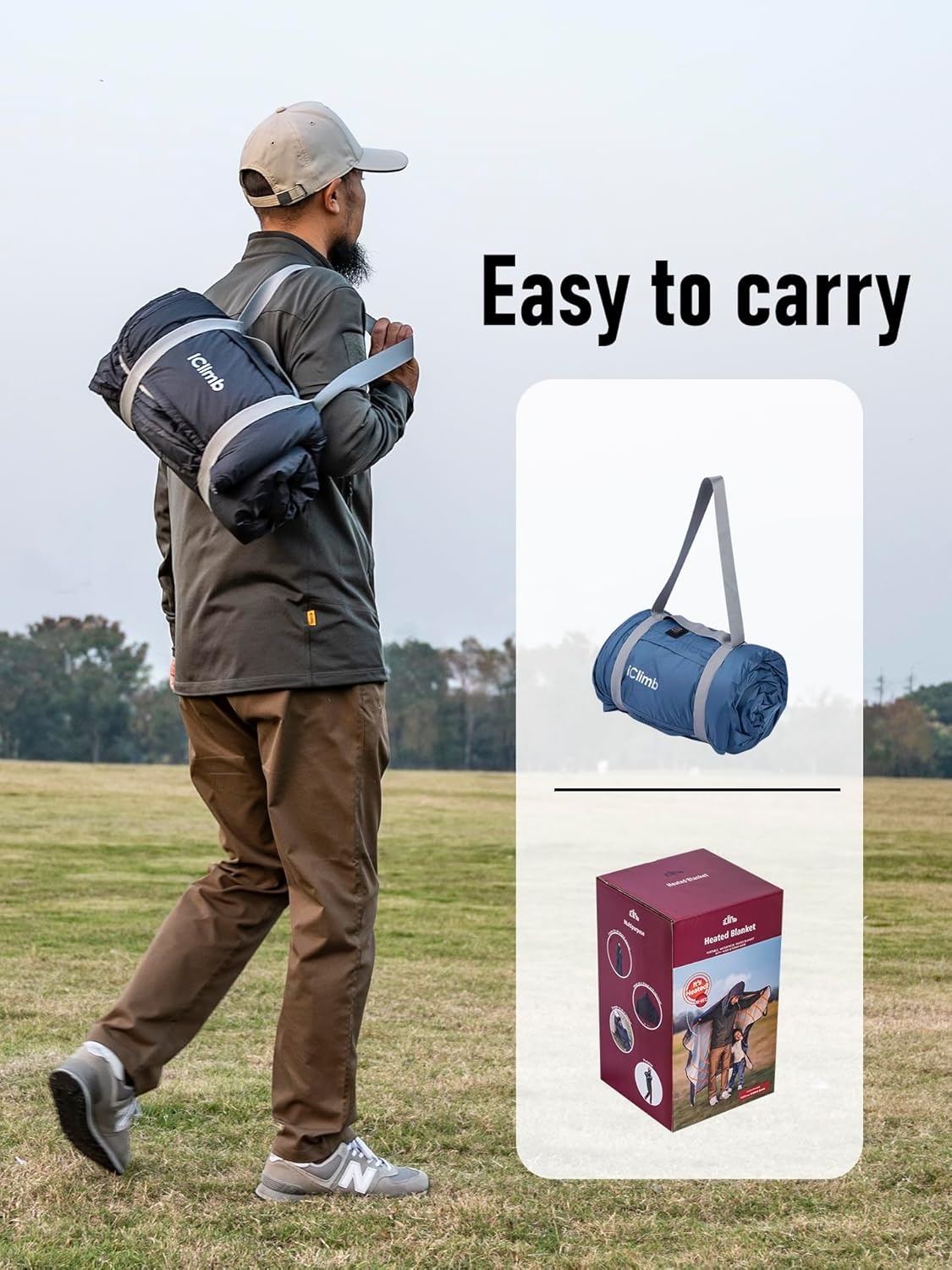 image:imageiClimb Heated Waterproof Camping Stadium Blanket with Hood and 5V 10000mAh Battery Pack All Season Outdoor Indoor BlueBlue