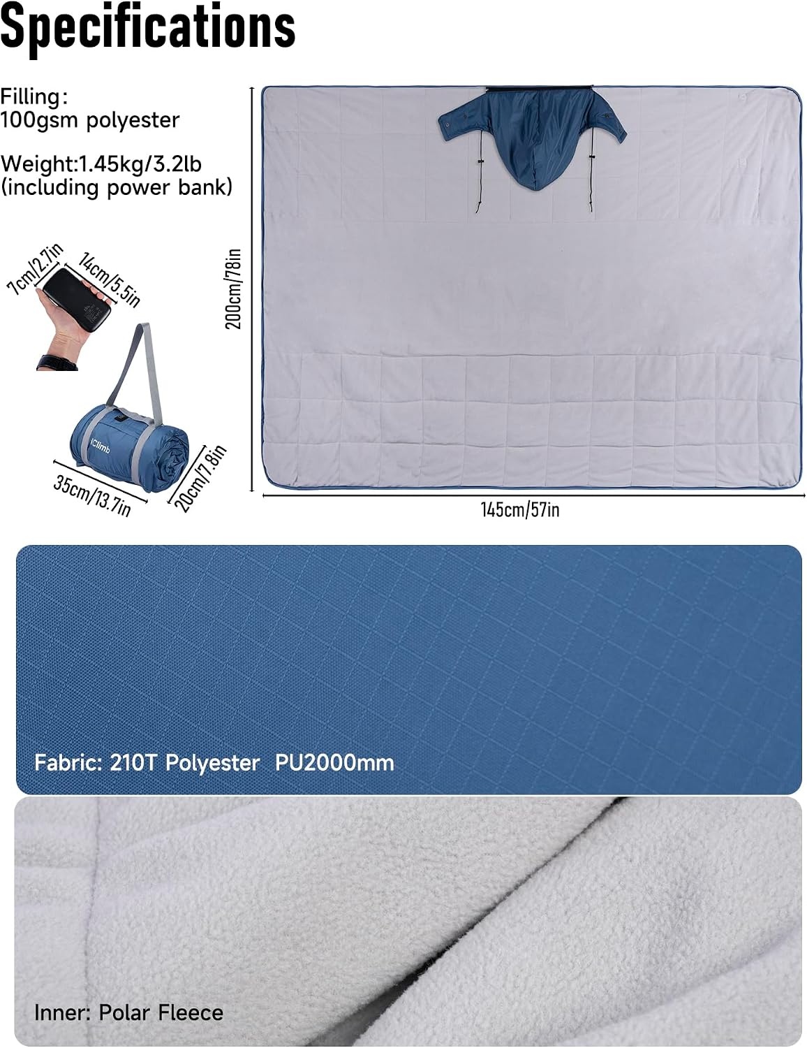 image:imageiClimb Heated Waterproof Camping Stadium Blanket with Hood and 5V 10000mAh Battery Pack All Season Outdoor Indoor BlueBlue